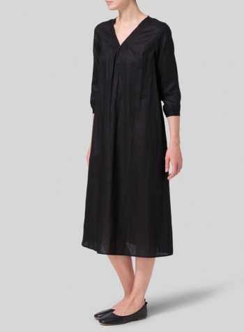 Black Linen A-line Embroidered Dress