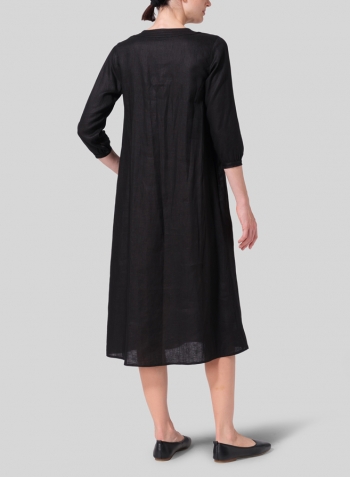 Black Linen A-line Embroidered Dress