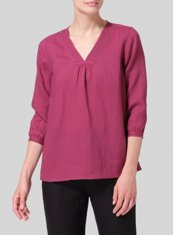 Red Violet Linen Embroidered A-Line V-Neck Blouse