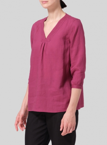 Red Violet Linen Embroidered A-Line V-Neck Blouse