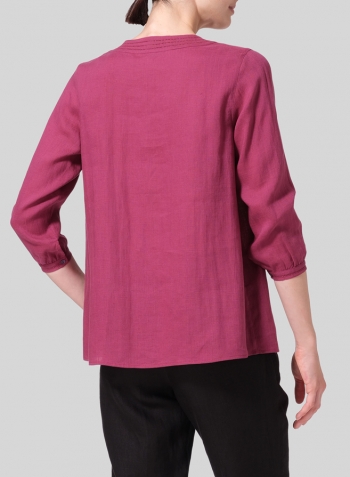 Red Violet Linen Embroidered A-Line V-Neck Blouse