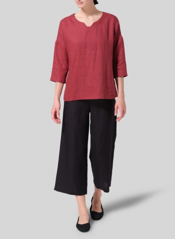 Burgundy Linen Notch Square Neckline Dropped Shoulder Top