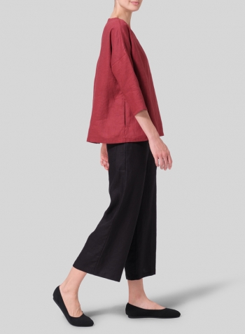 Burgundy Linen Notch Square Neckline Dropped Shoulder Top