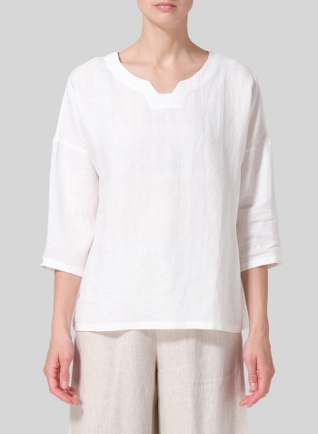 Soft White Linen Notch Square Neckline Dropped Shoulder Top