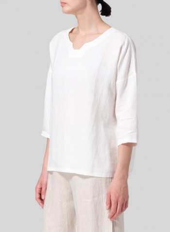 Soft White Linen Notch Square Neckline Dropped Shoulder Top