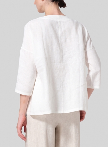 Soft White Linen Notch Square Neckline Dropped Shoulder Top