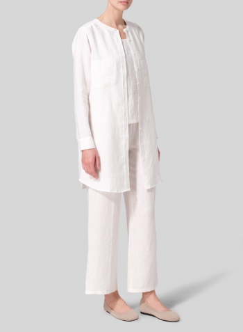 Soft White Linen Open Front Long Shirt