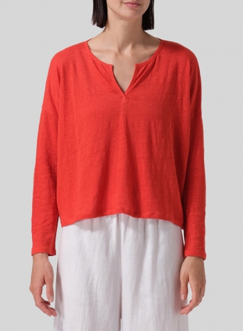 Orange Red Knitted Linen Jersey V-Neck Boxy Top