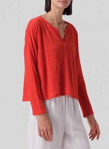 Orange Red Knitted Linen Jersey V-Neck Boxy Top