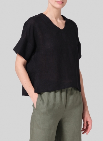 Black Linen Sloped Shoulder Wide Boxy V-neck Top