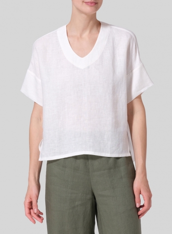 Soft White Linen Sloped Shoulder Wide Boxy V-neck Top