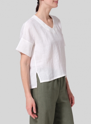 Soft White Linen Sloped Shoulder Wide Boxy V-neck Top