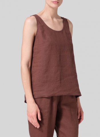 Brown Linen Embroidered Sleeveless Cami Set