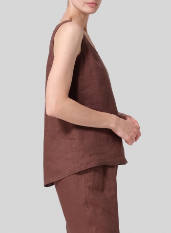 Brown Linen Embroidered Sleeveless Cami Set