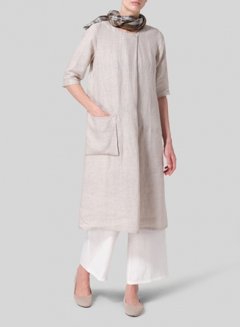 Oat Linen Long Center Pleated Dress Set