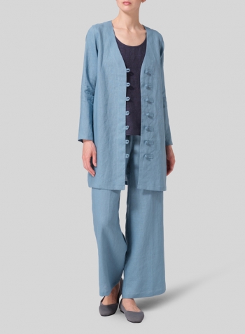 Pale Blue Linen Handmade Knot Buttons Top