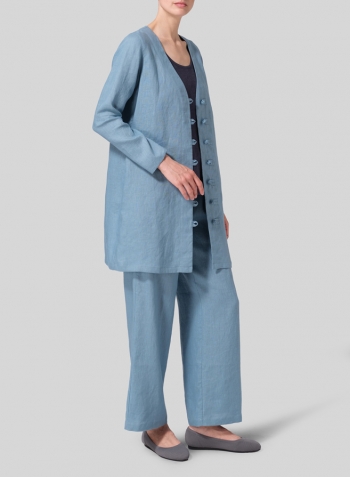Pale Blue Linen Handmade Knot Buttons Top
