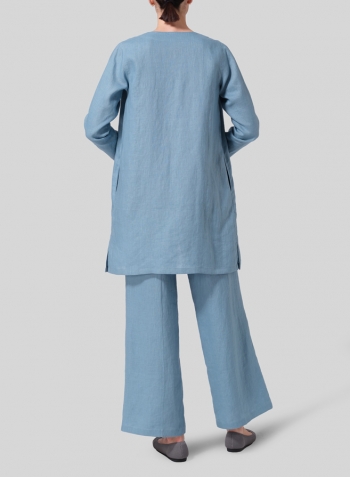 Pale Blue Linen Handmade Knot Buttons Top