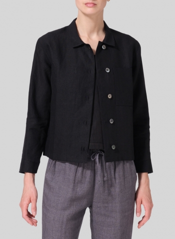 Black Linen Cropped Shirt Jacket with Pockets