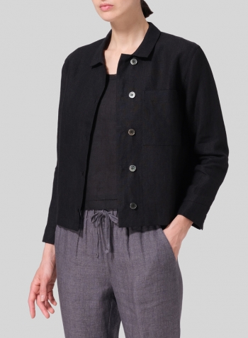 Black Linen Cropped Shirt Jacket with Pockets