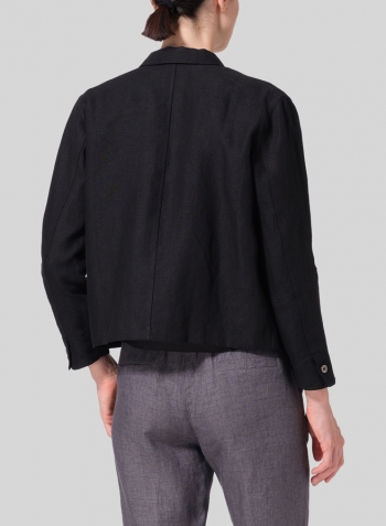 Black Linen Cropped Shirt Jacket with Pockets