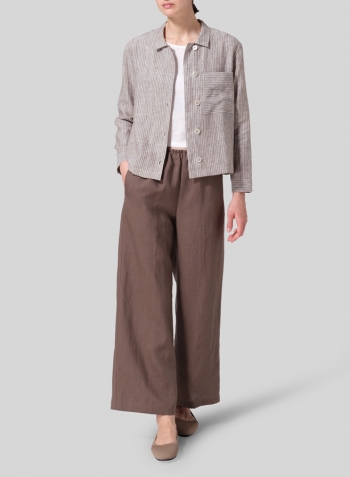 Khaki Stripe Linen Cropped Shirt Jacket with Pockets
