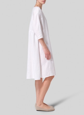 White Linen A-Line Round Neck Dress