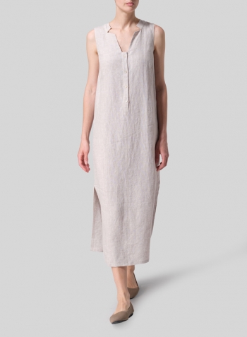 Oat Linen Straight Cut and Front Placket Opening Long Dress
