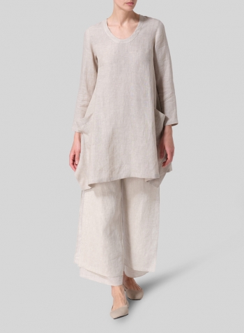 Oat Linen Long Sleeve Poncho Top Set