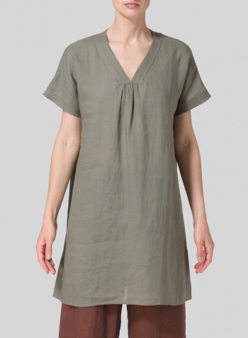 Dark Khaki Linen Embroidered A-Line Dolman-Sleeve Tunic