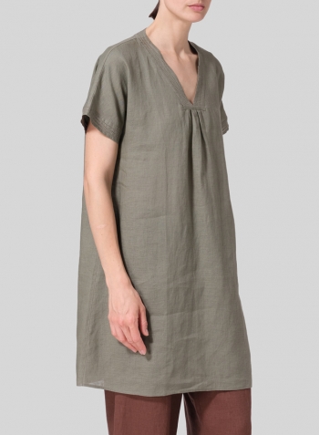 Dark Khaki Linen Embroidered A-Line Dolman-Sleeve Tunic