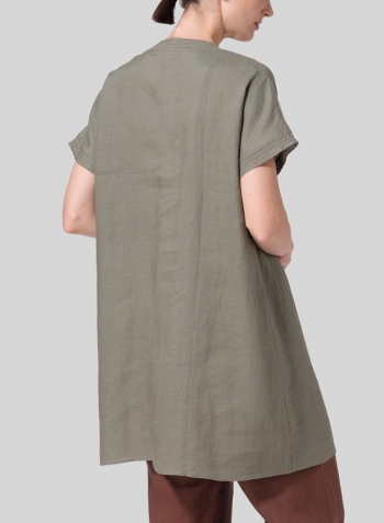 Dark Khaki Linen Embroidered A-Line Dolman-Sleeve Tunic