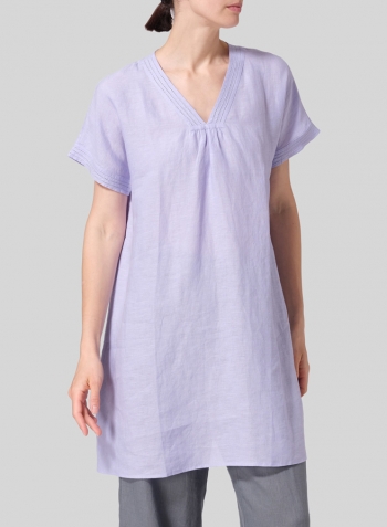 Lavender Linen Embroidered A-Line Dolman-Sleeve Tunic
