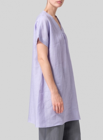 Lavender Linen Embroidered A-Line Dolman-Sleeve Tunic