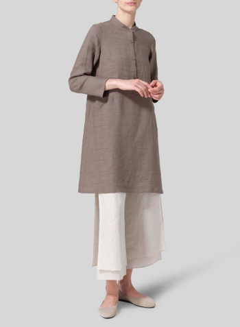 Jacquard Olive Stripe Linen Mandarin Collar A-line Smock Long