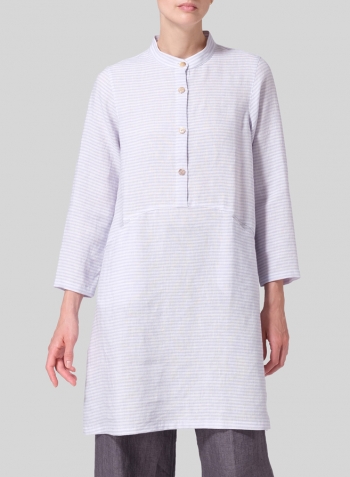 Pale Violet Weave Linen Mandarin Collar A-line Smock Long