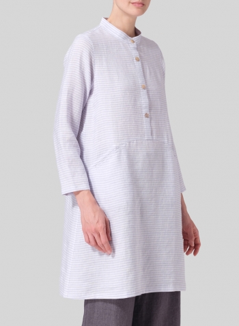 Pale Violet Weave Linen Mandarin Collar A-line Smock Long