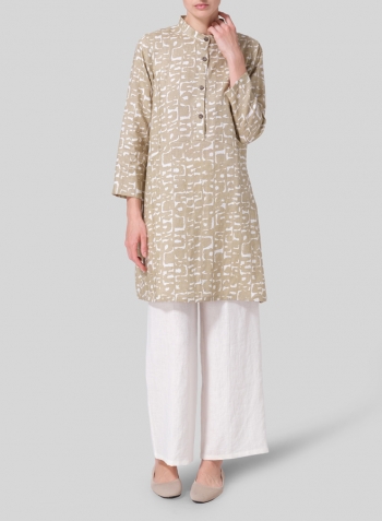 Khaki Print Linen Mandarin Collar A-line Smock Long