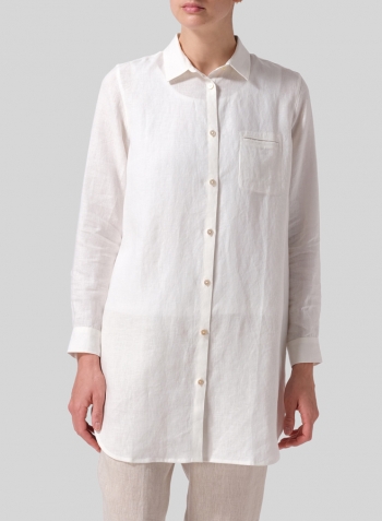 Soft White Linen L/S Solid Basic Button Front Long Blouse