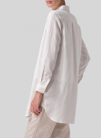 Soft White Linen L/S Solid Basic Button Front Long Blouse