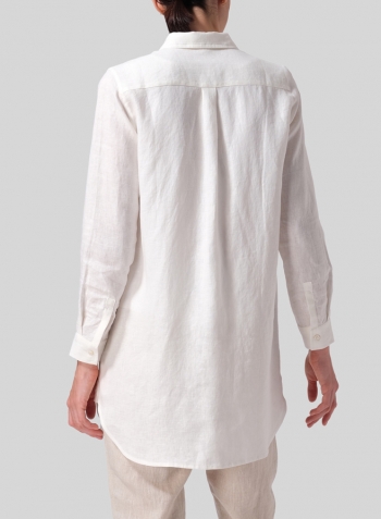 Soft White Linen L/S Solid Basic Button Front Long Blouse