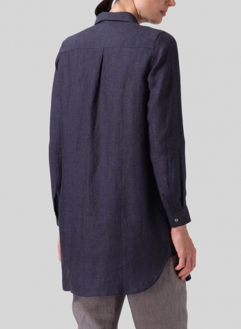 Dark Denim Linen L/S Solid Basic Button Front Long Blouse