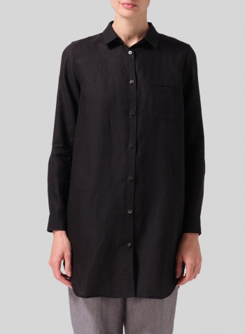 Black Linen L/S Solid Basic Button Front Long Blouse