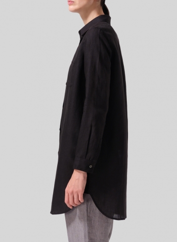 Black Linen L/S Solid Basic Button Front Long Blouse