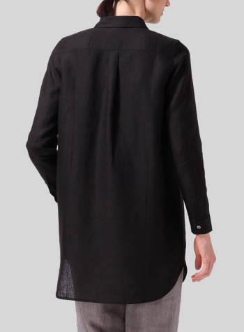 Black Linen L/S Solid Basic Button Front Long Blouse