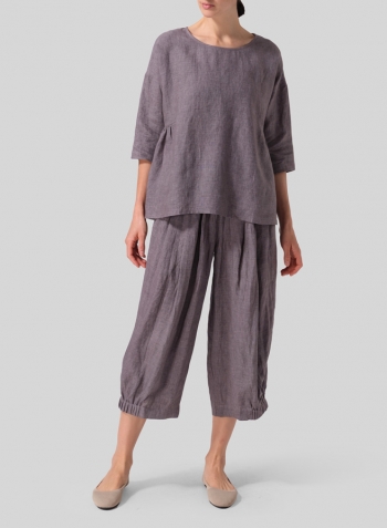 Purple Gray Linen Relaxed 3/4 Sleeve Pleated Top