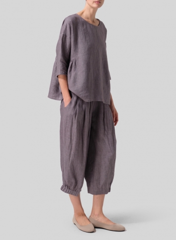 Purple Gray Linen Relaxed 3/4 Sleeve Pleated Top