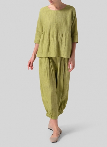 Lime Olive Green Linen Relaxed 3/4 Sleeve Pleated Top