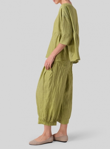 Lime Olive Green Linen Relaxed 3/4 Sleeve Pleated Top