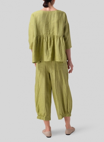 Lime Olive Green Linen Relaxed 3/4 Sleeve Pleated Top